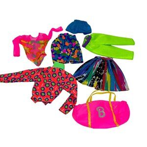 VTG Barbie Doll Clothing Set Neon Patterned Outfits Skirts Tops Accessories Lot